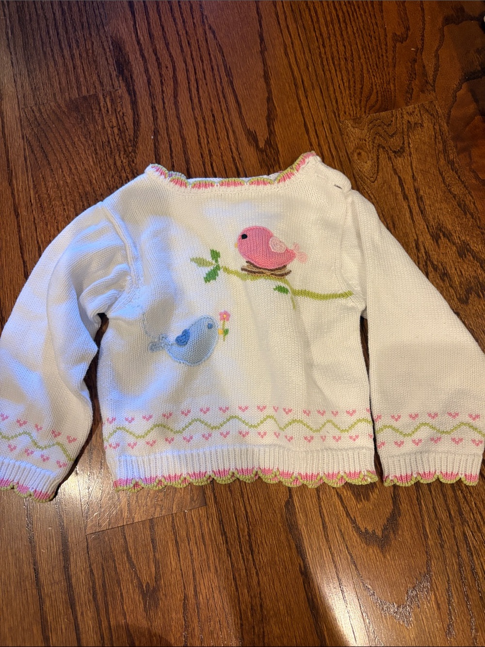 Girls White Knit Sweater with Pink & Blue Bird Applique